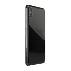 Naklejka premium Sleek modern smartphone upright on clean white surface, minimalist design showcasing elegance and innovation, ideal for tech enthusiasts