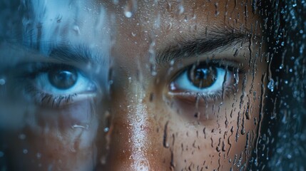Naklejka premium Unique Perspective on a Person Behind Rainy Glass