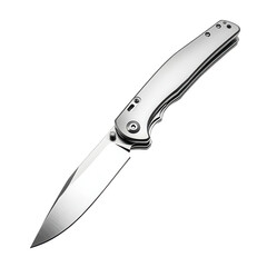 Obraz premium Sleek Silver Pocket Knife Open Blade on White Background, ideal for showcasing design and functionality in a clean, minimalistic style