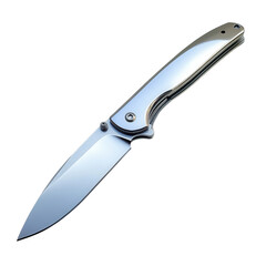 Obraz premium Sleek silver pocket knife with open blade on white background, ideal for showcasing design and functionality, practical tool for everyday use