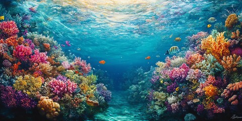 Naklejka premium Vibrant Coral Reef: An Underwater Serene Painting