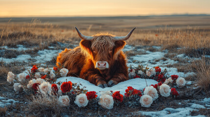 Obraz premium Highland cow resting in heart shaped patch of snow surrounded by flowers