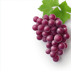 Ripe grapes and grape slices with green leaves arranged on white background. Grapes wallpaper, banner