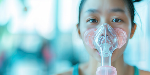 Patient wearing oxygen inhaler device for respiratory support indoors