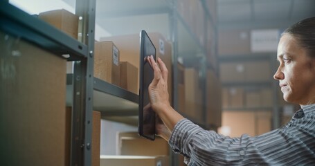 Close Up of Female Warehouse Associate Scanning Cardboard Box with Online Order Using Digital...
