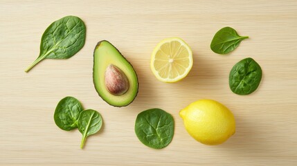 Avocado, Lemon, and Spinach on Wooden Background: A Vibrant Healthy Food Composition