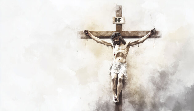 Minimalist watercolor illustration of Jesus dying on Cross with 'INRI' inscribed above His head. The Crucifixion is depicted in beige grey tones, with white space emphasizing solemnity of the scene