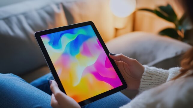 Emotional wellness app developers testing a calming interactive feature, with soothing visuals displayed on tablets.