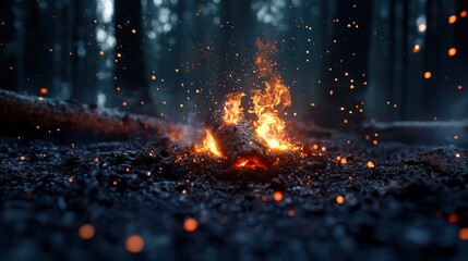 Obraz premium Campfire Flames in a Dark Forest Setting