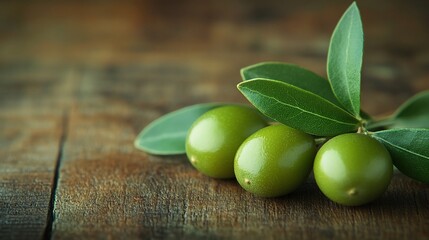 Green olives branch wood background food photography