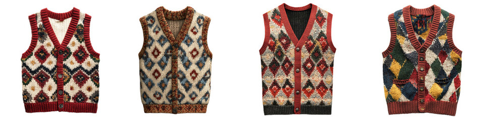 Argyle vest &ndash; A knitted vest featuring the Argyle pattern, a classic piece for layering. Isolated on Clear White Background Highly Detailed 