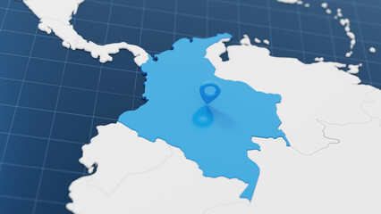 Blue Colombia 3d map with pointer pin surrounded with other countries in white. Political map with borders. 3d render illustration