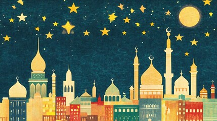 Fototapeta premium A Nighttime Cityscape Featuring Mosques Under a Starry Sky