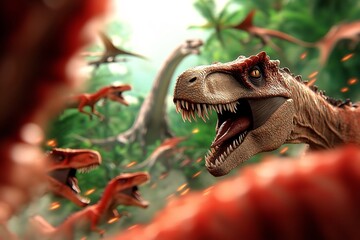 Obraz premium Ruthless Allosaurus Pack Hunting Down Giant Sauropod in Ancient Rainforest Deadly prehistoric predators with razor sharp talons and ferocious pack mentality stalking and attacking their massive