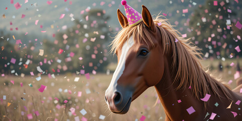 Brown horse in a pink party hat with falling confetti, outdoor celebration, animal birthday concept