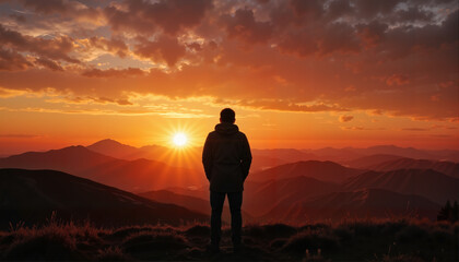 Obraz premium Person admiring sunset over mountain landscape