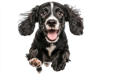 A playful black and white dog joyfully leaps forward, showcasing its lively spirit and enthusiasm.