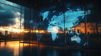 Business charts and world map hologram on modern building background. Business trading concept. Double exposure