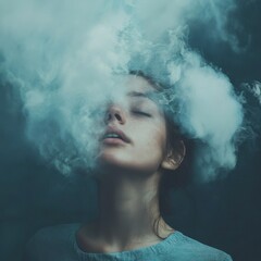 A serene portrait of a woman surrounded by ethereal clouds, creating a dreamy and introspective atmosphere.