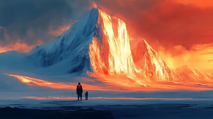 Obraz premium Hikers admire fiery sunset, snowy peak, arctic landscape, adventure