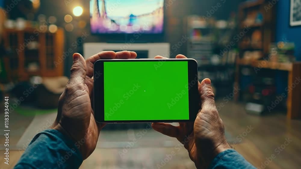 Poster two hands grip a tablet displaying a green chromakey screen, set in a brightly lit creative workspac