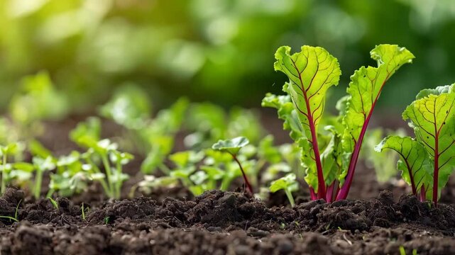 close up of beets growing in soil with copy space