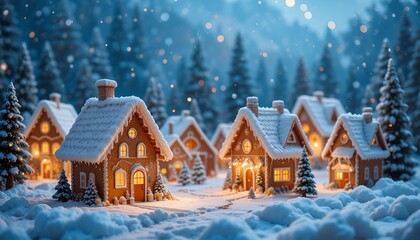 Snowy village with gingerbread houses