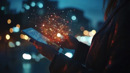 Close up of businesswoman hands holding tablet with abstract glowing connections globe on night city background.