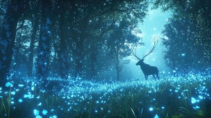 Fototapeta premium Magical glowing deer in a neon-lit enchanted forest, surrounded by sparkling particles and ethereal atmosphere. Generative by AI.