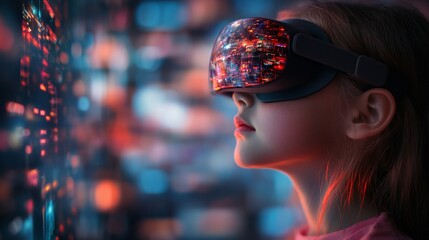 Girl exploring VR city lightscape at night