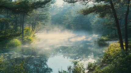 Fototapeta premium Misty morning sunrise over tranquil forest lake reflecting sunlight.