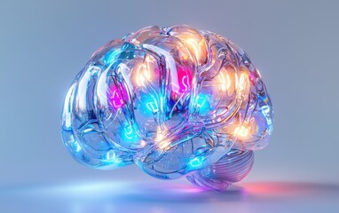A creative 3D render of a brain made of glass with colorful lights inside