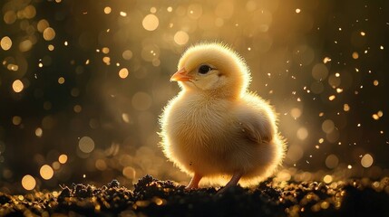 Adorable fluffy chick sitting on soil, bathed in golden light and surrounded by glowing particles. Generative by AI.