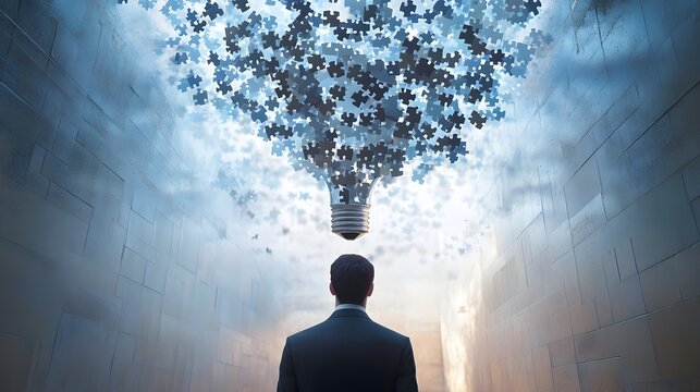 A dynamic image of a lightbulb composed of interlocking puzzle pieces floating above a businessman's head, symbolizing innovation and creative thinking in business. The businessman is shown 
