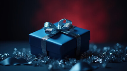 Luxurious Blue Gift Box with Shiny Silver Ribbon on Dark Studio Background