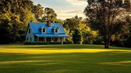 Serene blue-roofed house on green lawn, trees.
