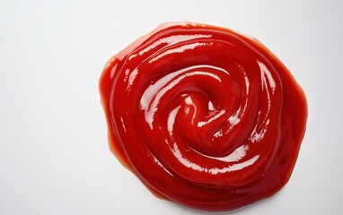 A dollop of ketchup in motion, creating an elegant spiral on a clean white backdrop