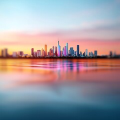 Obraz premium Captivating color changing iridescent holographic foil background with shimmering metallic textures and dynamic digital fractal patterns reflecting on the tranquil waters of an urban skyline at