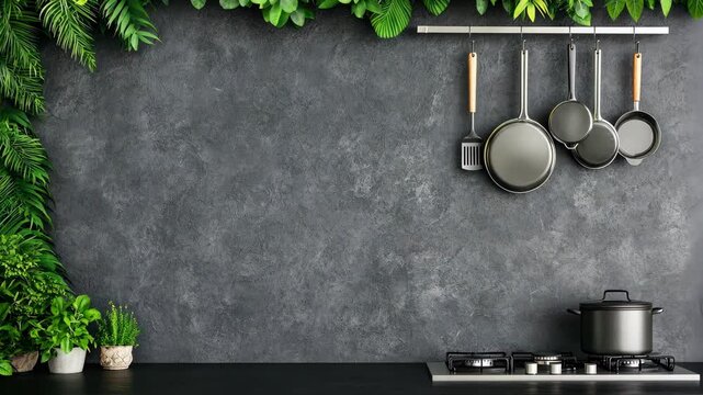 A stylish kitchen features a dark stone wall adorned with lush plants and hanging pots, emphasizing a clean and organized space