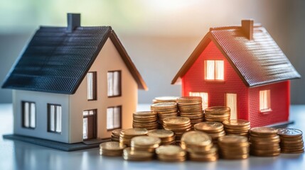 Hyperrealistic photo of a neat pile of coins next to a model house, symbolizing financial growth and long-term investment. The bright, sophisticated setup creates a luxurious magazine-like look,