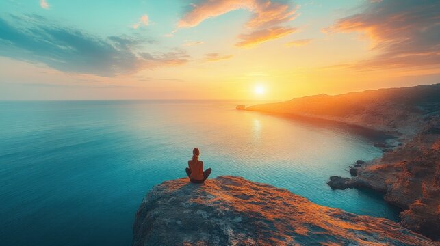 Silhouette of a person meditating on a cliff overlooking a vibrant sunset ocean
