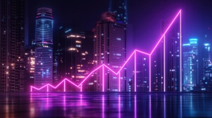 Neon light bars headed up with a night city skyscrapers in the background, improvement and financial success concept, double exposure