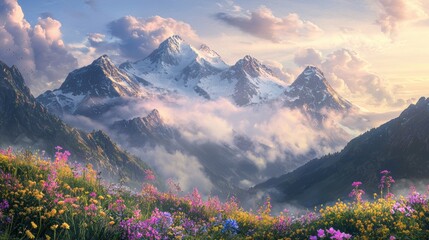 Fototapeta premium Majestic Mountain Panorama: A breathtaking view of snow-capped peaks rising above a vibrant alpine meadow bathed in the soft light of sunrise, creating a serene and enchanting landscape.