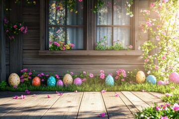 Colorful Easter eggs and blooming flowers decorate a wooden porch in springtime