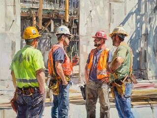 Four construction workers in hard hats and safety vests converse on a sunny construction site.