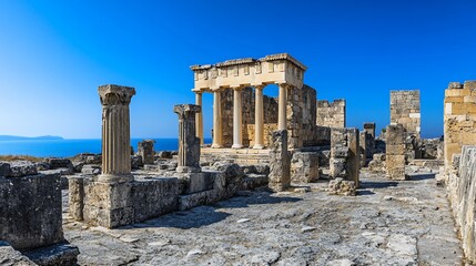 Obraz premium Ancient Greek temple ruins overlooking the sea under a clear blue sky.