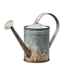 Curved spout metal watering can on white, ideal for garden enthusiasts or decorative purposes, versatile design for various settings