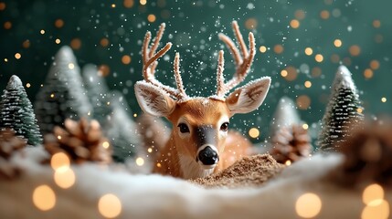 Majestic white tailed deer delicately prancing through a glittering Christmas scene its elegant antlers framed against a backdrop of snow covered pine trees and twinkling lights creating an ethereal