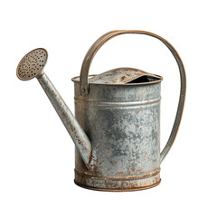 Curved spout metal watering can on white background, ideal for gardening themes and decorative use, minimalist design, versatile application