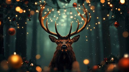 Majestic and proud regal stag with massive antlers standing amidst twinkling lights and festive greenery of a glowing outdoor Christmas display